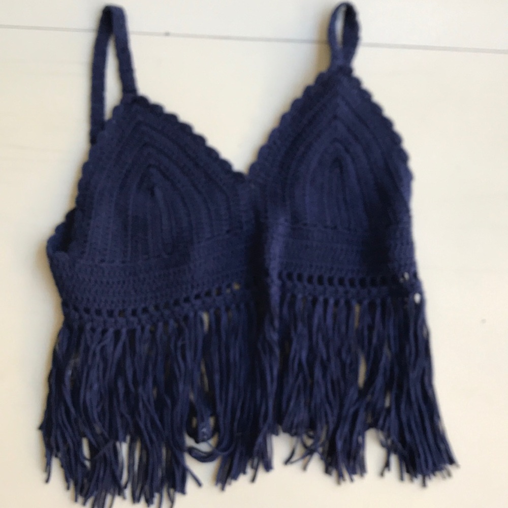 NWT sz s pol fringe cropped top